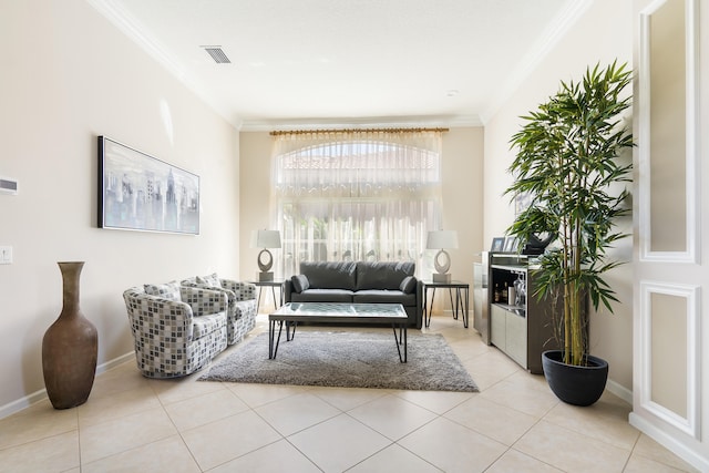 living room with light tile patterned flooring and crown molding