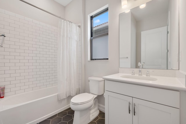 full bathroom with tile patterned floors, shower / bath combo, vanity, and toilet