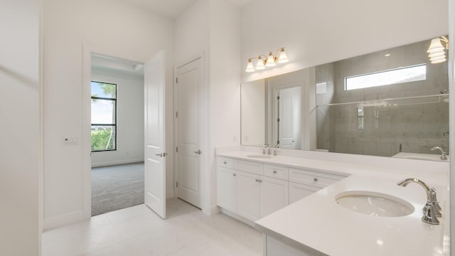 bathroom with vanity and a shower with shower door