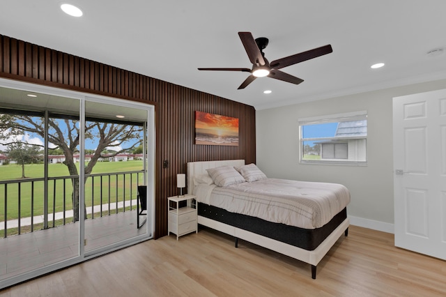 bedroom with access to exterior, ceiling fan, and light hardwood / wood-style flooring