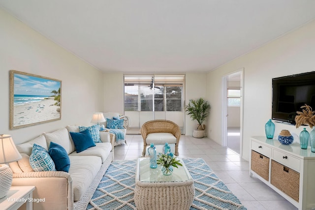 living room featuring light tile patterned floors