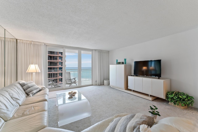 living room with floor to ceiling windows, a textured ceiling, and carpet floors