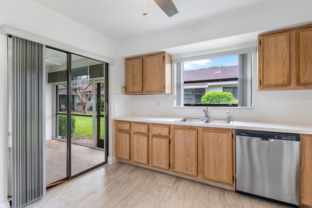 kitchen featuring sink, stainless steel dishwasher, and ceiling fan