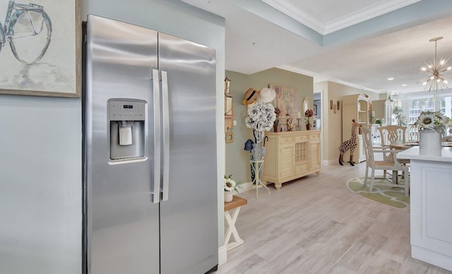 kitchen with stainless steel fridge with ice dispenser, crown molding, a chandelier, and light wood-type flooring