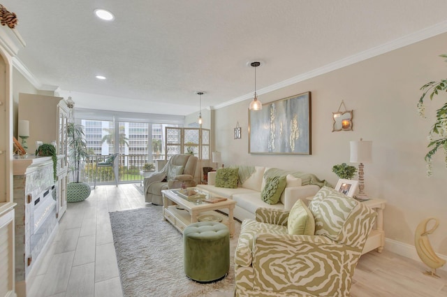 living room featuring crown molding and a textured ceiling