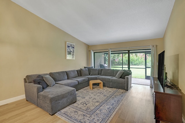 living room with light hardwood / wood-style flooring and high vaulted ceiling