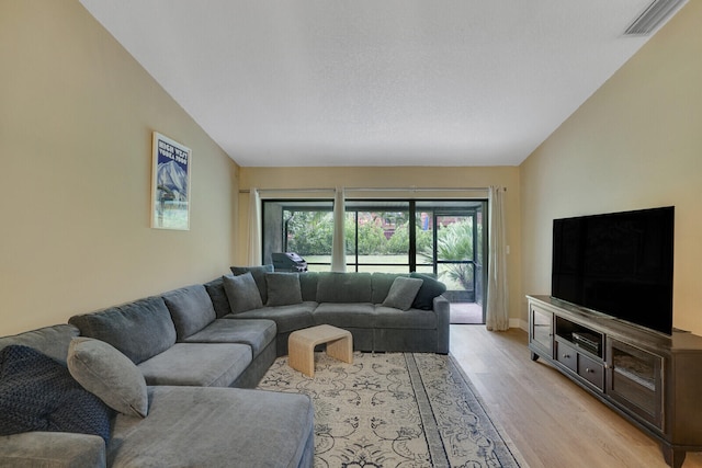 living room with lofted ceiling and light hardwood / wood-style flooring