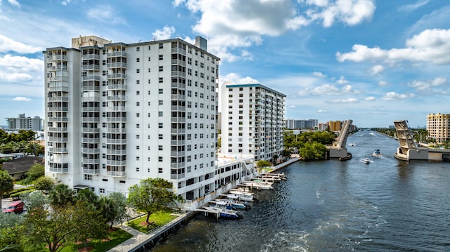 exterior space with a water view