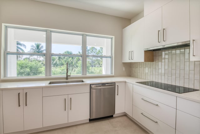 kitchen featuring sink, white cabinetry, stainless steel dishwasher, and black electric stovetop