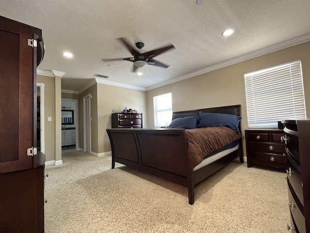 bedroom with ornamental molding, light colored carpet, a textured ceiling, and ceiling fan