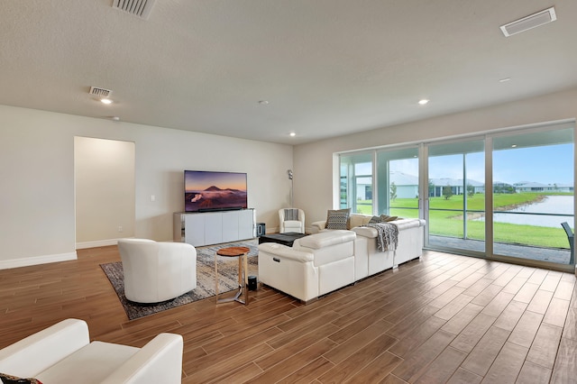 living room featuring wood-type flooring and a textured ceiling