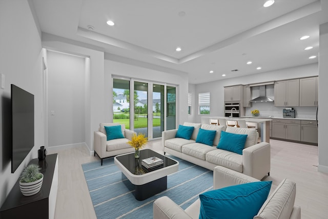 living room with light hardwood / wood-style floors and a raised ceiling