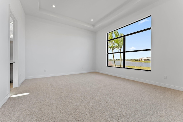 carpeted empty room with a tray ceiling