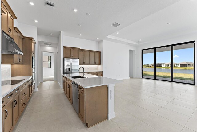 kitchen featuring sink, appliances with stainless steel finishes, a tray ceiling, a large island, and backsplash