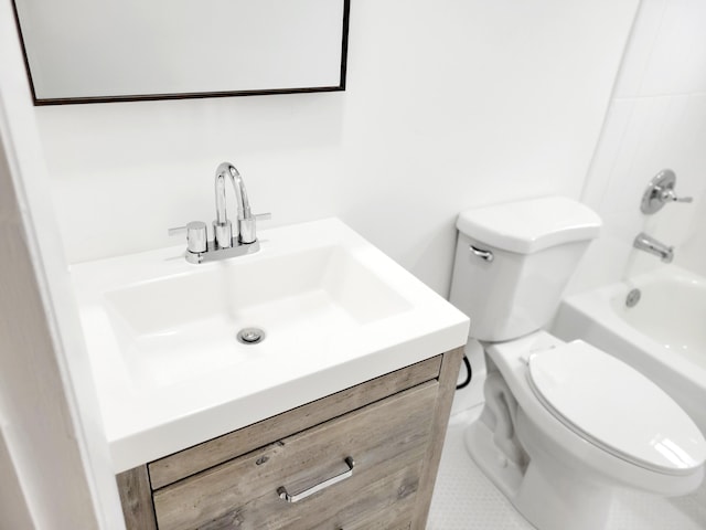 full bathroom with vanity, bathtub / shower combination, toilet, and tile patterned flooring