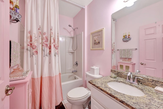 full bathroom featuring shower / bath combination with curtain, vanity, and toilet