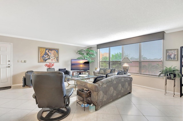 living room featuring crown molding, light tile patterned floors, and a textured ceiling