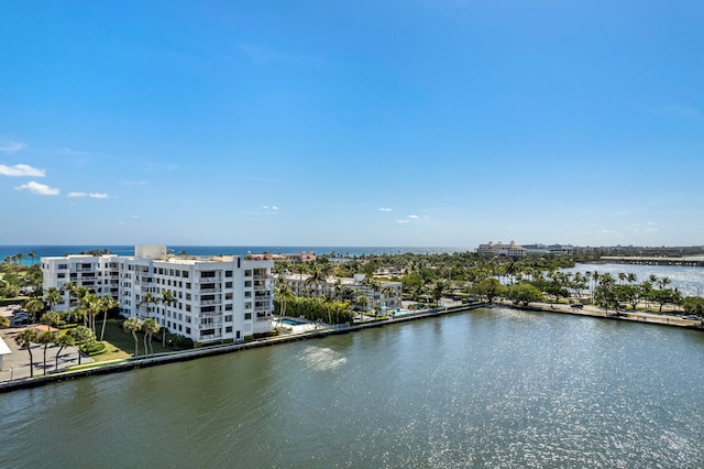 drone / aerial view with a water view