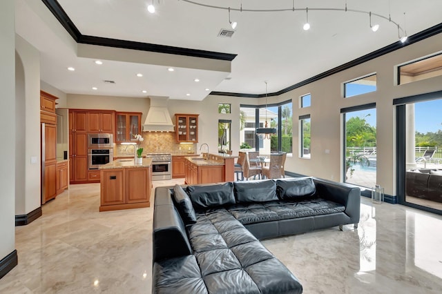 living room with sink and ornamental molding