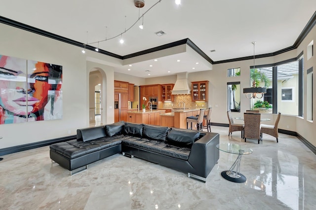 living room with sink and crown molding