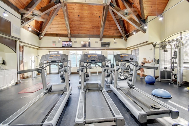 gym featuring ceiling fan, wooden ceiling, and high vaulted ceiling