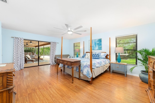 bedroom with a ceiling fan, visible vents, access to exterior, and light wood-style floors