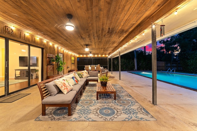 exterior space with wooden ceiling