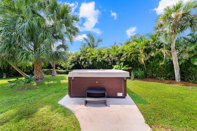 view of yard with a hot tub