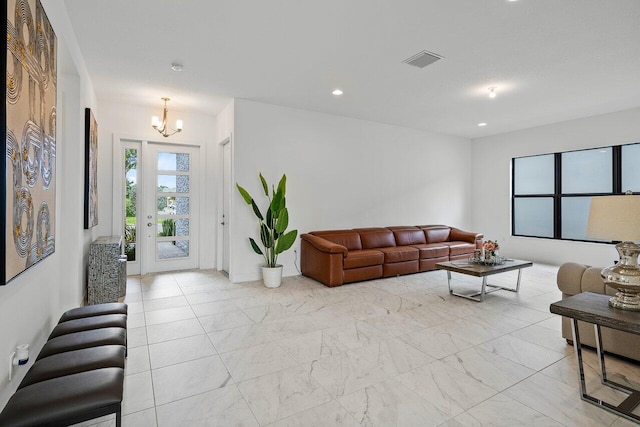 living room with a chandelier