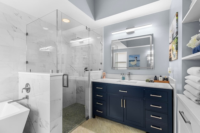 bathroom with vanity and shower with separate bathtub