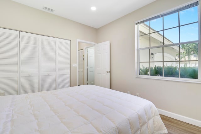 bedroom with wood-type flooring, multiple windows, and a closet