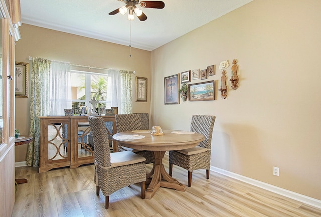 dining space featuring light hardwood / wood-style floors and ceiling fan