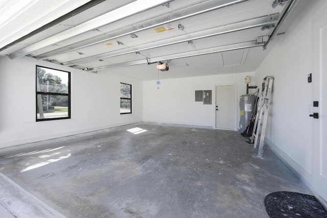 garage with electric water heater, electric panel, and a garage door opener