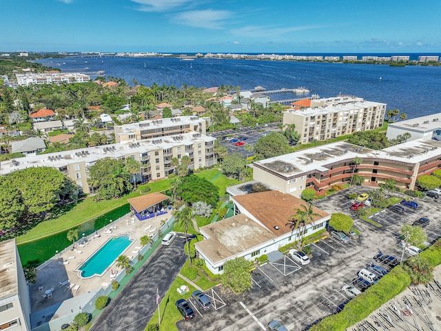 aerial view featuring a water view