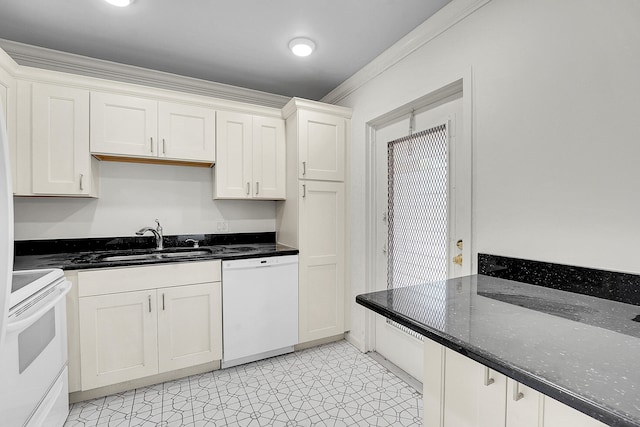 kitchen with white cabinets, white appliances, sink, and crown molding