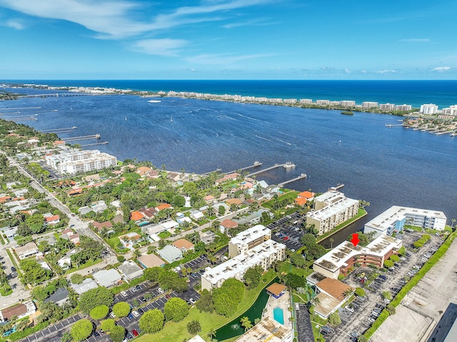 drone / aerial view featuring a water view