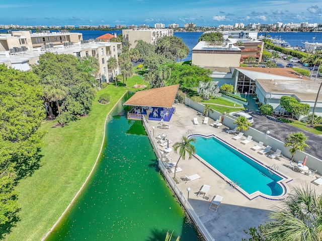 aerial view featuring a water view