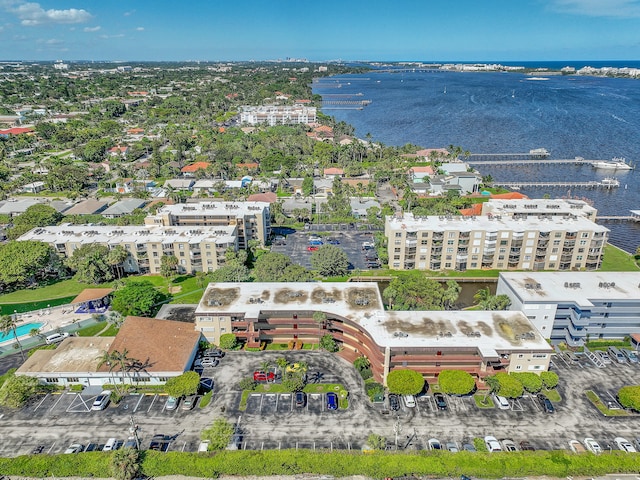 aerial view featuring a water view