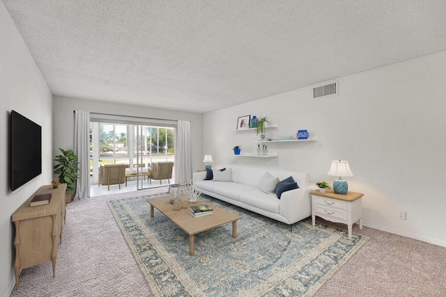 carpeted living room with a textured ceiling