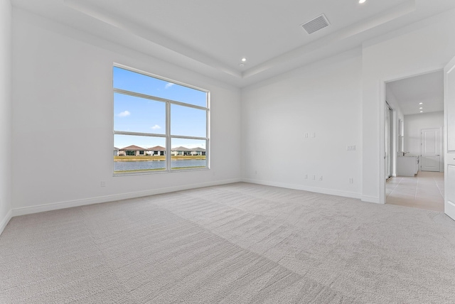 spare room with a water view, light colored carpet, and a tray ceiling