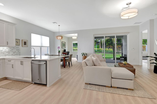 living room featuring light hardwood / wood-style floors and sink