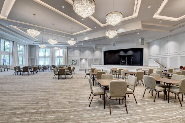 carpeted dining space featuring ornamental molding