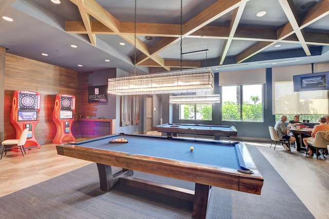 recreation room with coffered ceiling, pool table, beam ceiling, wood-type flooring, and wood walls