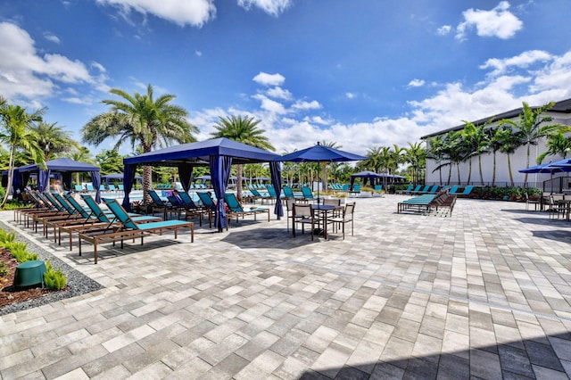 view of community featuring a patio and a gazebo