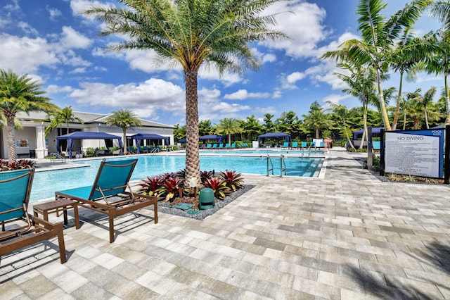 view of swimming pool featuring a patio