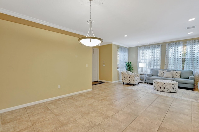 unfurnished living room featuring light tile patterned flooring and crown molding