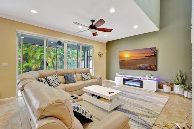 tiled living room with ceiling fan