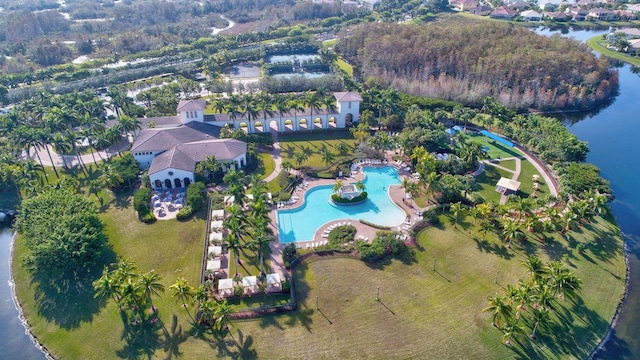 aerial view featuring a water view