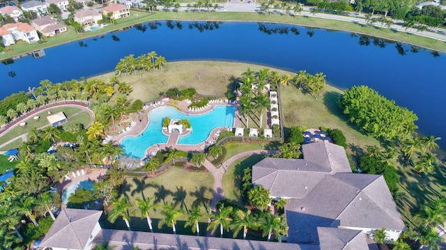 birds eye view of property featuring a water view