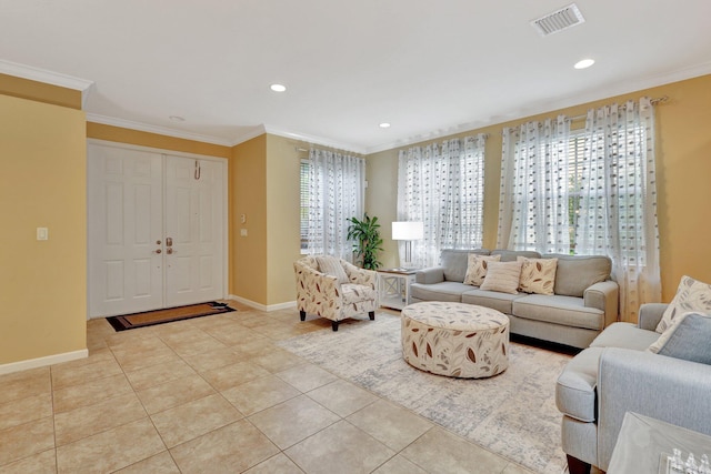 tiled living room with ornamental molding